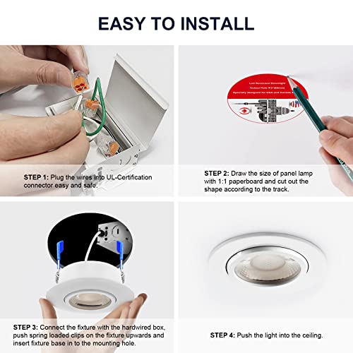 Image of Sublimation 4 Packs 3 Inch Gimbal Led Recessed Light with Junction Box 10w,Waterproof recessed Lights for Shower,3 Colors Adjustable,Suitable for Bathroom,Parlor,Bedroom,Kitchen,Balcony