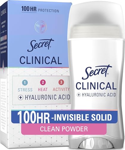 Secret Clinical Strength 100HR Sweat & Odor, Invisible Solid Antiperspirant Deodorant for Women, 3X Stress Protection with Hyaluronic Acid, PH Balanced, Powder Protection Scent, 2.6 oz