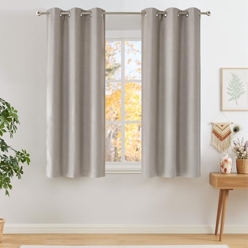 Image of NICETOWN Short Faux Linen Angora Blackout Curtains 63 inches Long for Kitchen - Privacy Panels for Living Room Bedroom, Modern Farmhouse Style Easy Care Grommet Top, 2 Panels, W42 by L63