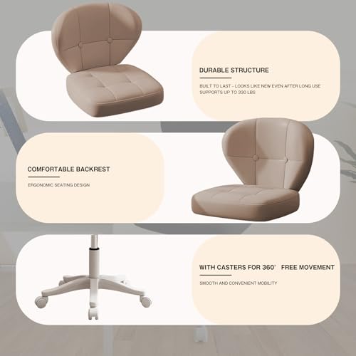 Image of Small Office Chair with Lumbar Support, PU Leather Armless Swivel Desk Chair Adjustable Height, Compact Rolling Chair for Home Office, Bedroom, Study Khaki