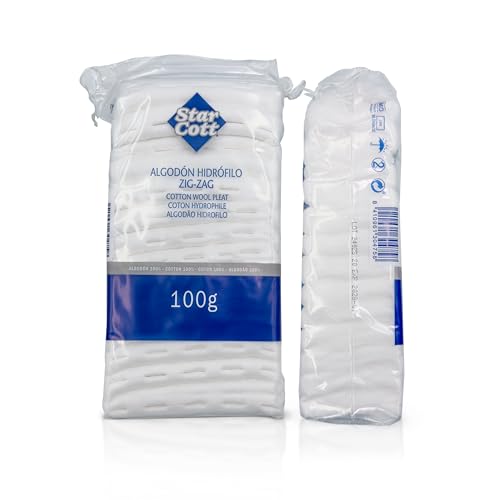 Star Cott - Coton hydrophile blanc en zigzag, 100 g - 100% coton pur et blanchi sans chlore - Cotons - Idéal pour le traitement des plaies et les soins des peaux sensibles.