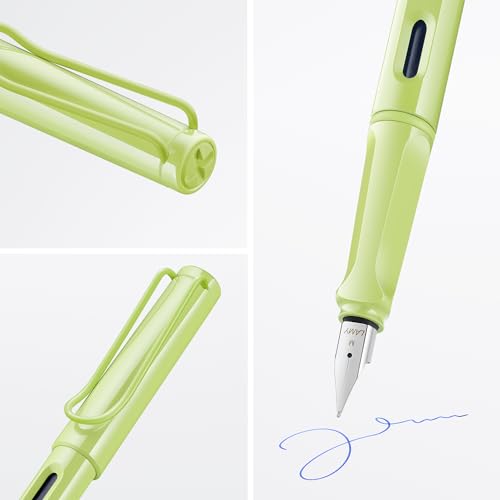 Image of Lamy Safari Spring Green Fountain Pen with Polished Steel Nib in Line Width B | Lamy Fountain pen with ergonomic grip - robust ASA plastic - incl. LAMY T 10 blue ink cartridge - right-handed users