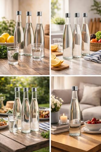 Image of Glass Water Bottle 750ML Liter Plain Narrow Mouth for Beverages, Oil, Vinegar, Beer, Water, Soda, Airtight Lid & Leak Proof Cap - Clear Pack of (2)