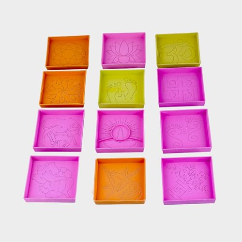 Image of Craftam Different Design Ready to Draw Rangoli Making Stencils - 12 Pcs Plastic Stencils for Floor Decoration, Easy Diwali Rangoli Art Tools (3x3 Inch Each)