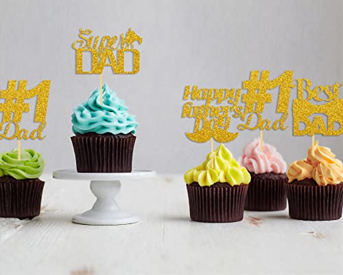 Cavla 36 Pieces Glittery Happy Father's Day Cupcake Toppers Super Dad No.1 Dad Best Dad Fathers Day Cupcake Picks With Beard Tie Signs Father's Day Cupcake Decorations Dad's Day Party Supplies (Gold) #TOP3
