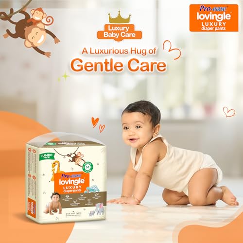 Image of Pro-ease Lovingle Luxury Wrapper Baby Diaper|Pant Style Diaper for Baby|Diaper M size|2X Absorption*IAdvanced Leakage Protection|Wetness Indicator|Easy Throw Tape|7-12 Kg|58 Pieces