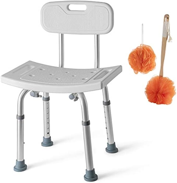 Shower Chair Set of 3 - Includes Back Scrubber & Additional Sponge - Anti Slip for Safety, with 8 Adjustable Heights Portable - Tool Free Shower Chair for Elderly - Bath Chair for Elderly