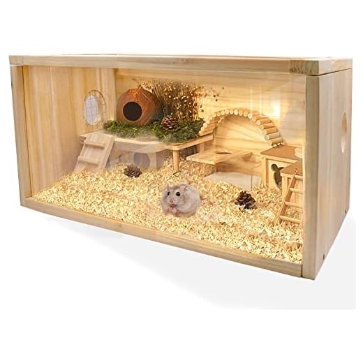 Rubor Wooden Hamster Cage Mice and Rat Habitat Small Animal Habitat for Rabbits, Guinea Pigs, Chinchillas with Openable Top and Large Acrylic Sheets