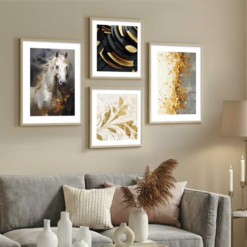 Image of kotart Premium Paintings with Frame for Home Decoration - Modern Art Golden Horse Painting for Living Room Bedroom Office Wall Decoration - Pack of 4 (Art 5, Big (13x17 or 13x13 inch))