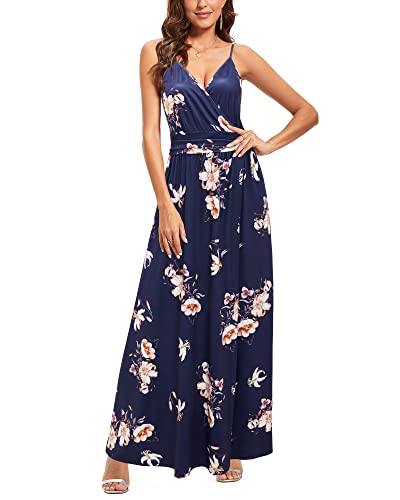 Image of Newshows Women's Summer 2025 Trendy Dress Beach Vacation V Neck Spaghetti Strap Sleeveless Casual Split Wear to Work Long Maxi Dress (Dark Blue Floral White, Small)