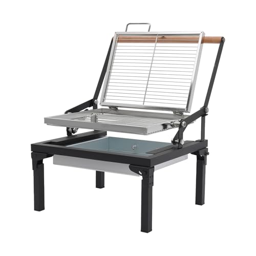 Barbecue au charbon de bois pliable 48 × 38 cm – Barbecue de camping pliable avec grille rotative à 360 ° et tiroir à charbon en acier inoxydable au carbone, portable pour jardin, parc, plage