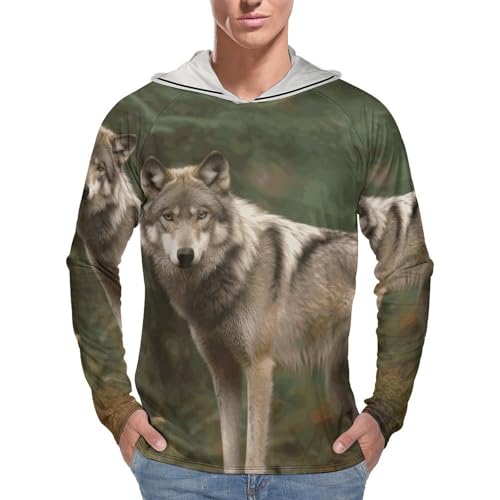 Men's Sun Shirts UPF 50+ Rash Guard Long Sleeve Sun Protection Hoodie Wolf in The Forest Lightweight Shirt L