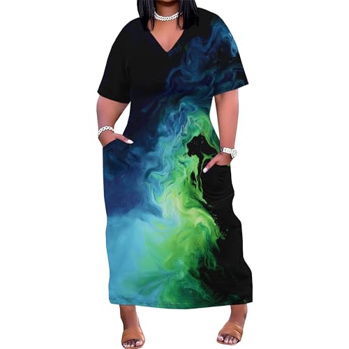 Image of SUZONANA Women Casual T-Shirt Dress V Neck Short Sleeve Solid Color Oversize Dress with Front Two Pockets