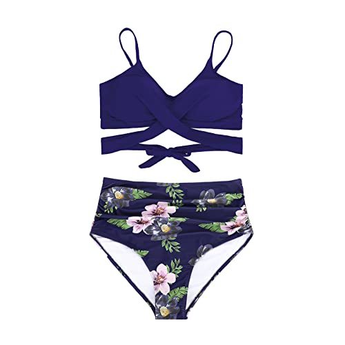 Image of Women Bikini Sets High Waisted Swimsuit String Halter Bathing Suits for Women Two Piece Swimwear, Navy Floral Print, 10-12