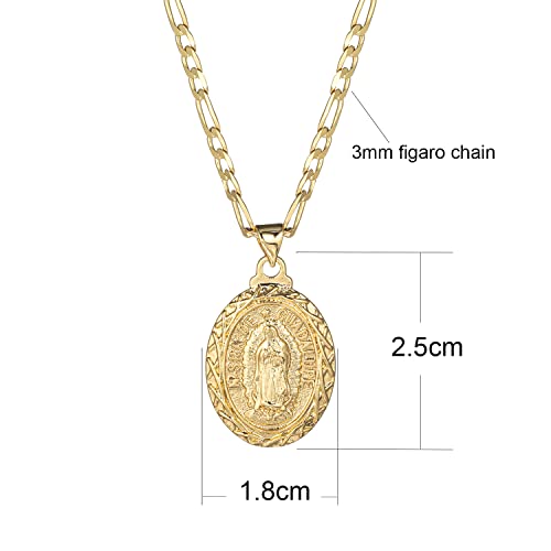 kelistom 14K Gold Plated Guadalupe Virgin Mary Pendant Necklace for Women Men 3mm Flat Figaro Chain Necklace 18/22 inch2