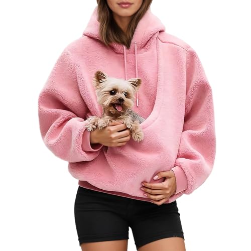 Womens Pet Pouch Hoodies, Oversized Fleece Sweatshirt Puppy Kitten Cat Holder Carriers Hoodies Kangaroo Pocket 21 Pink