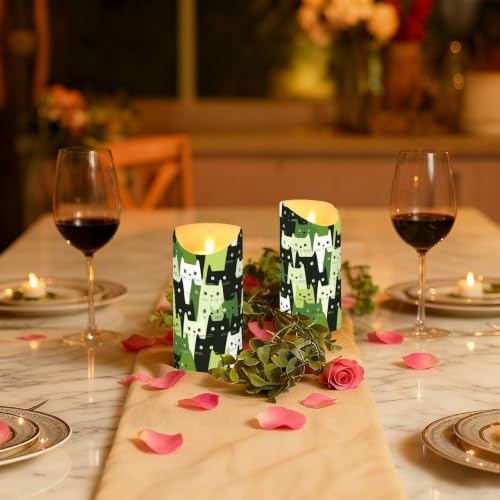 Velas sin llama para Año Nuevo con lindos dibujos de gatos en verde 6