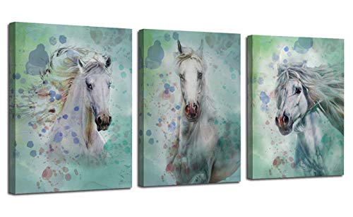 Arjun Canvas Wall Art White Horses Watercolor Painting Prints Modern Pictures, Animals 12"x16"