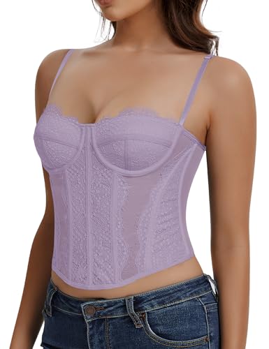 Image of Lace Corset Tops for Women Sexy Going Out Bustier Top Sleeveless Adjustable Straps Crop Tops with Back Hooks