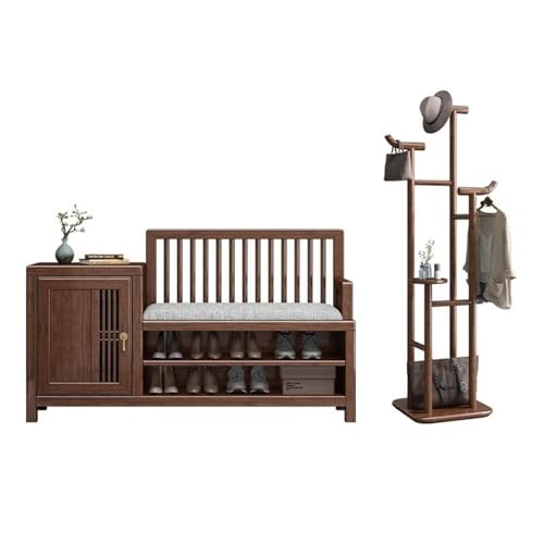 Shoe Rack Shoe Bench Combo with Freestanding Coat Rack, Solid Wood Shoe Storage Organizer with Storage Cabinet and Seat Cushion Shoe Organizer (Color : Set3) (Set3)