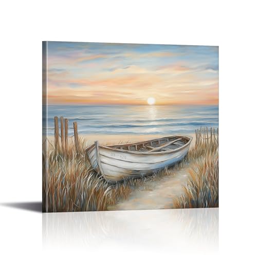 Sunset Beach Wall Art Wooden Boat on Beach with Weeds