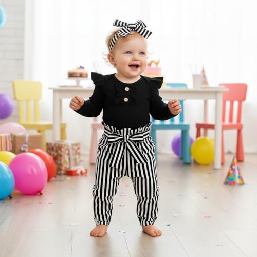 Image of Newborn Baby Girls Clothes Ribbed Ruffled Romper+Floral Pants+Headband Infant Outfit Set