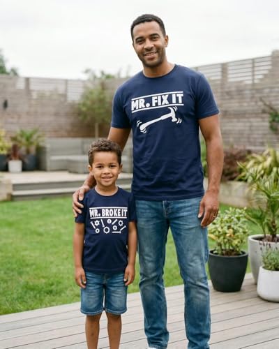 Image of Mr Fix It and Mr Broke It Daddy and Me Matching Father's Day Shirts Set Blue