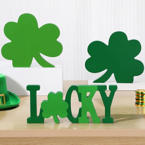 St. Patrick's Day Decorations Clover Lucky Table Sign - 3pcs Wooden Shamrock Letter Table Centerpiece Green Freestanding Home Office Tabletop Decor for Irish-Themed Party