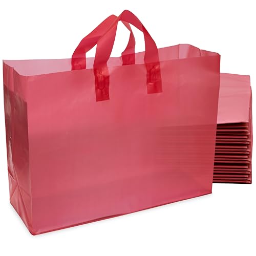 Prime Line Packaging Red Gift Bags with Handles, Plastic Shopping Tote for Christmas, Frosted Wrapping, Holidays, Groceries, Bulk, 16x6x12 100 Pack