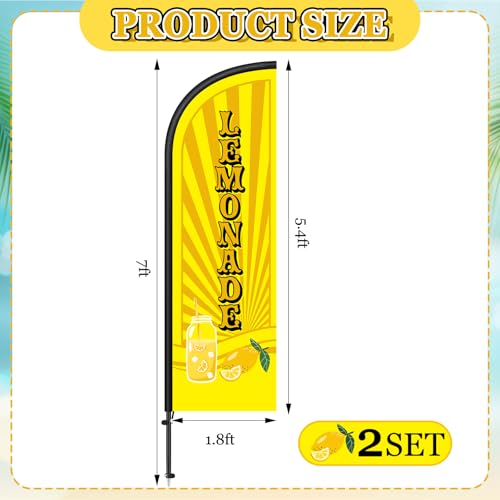 Image of Remagr 2 Pack Lemonade Feather Flag 7 ft Advertising Swooper Flag Sign Windless Lemonade Banner with Pole Kit and Ground Stake for Businesses Restaurants Outside Ground(Yellow)
