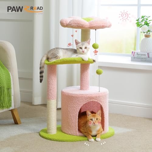 Image of PAWZ Road Flower Cat Tree Pink 32 inch Small Cat Tower Cat Scratching Post with Curved Perch, Cozy Cat Condo Removable Flower Bed for Kittens and Small Cats-Pink