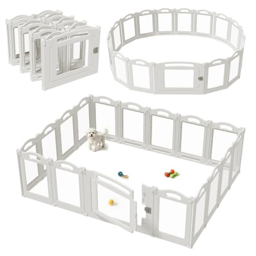 Image of Foldable Clear Acrylic Dog Playpen with Door, 23.6 inch Acrylic Puppy Playpen, Easy Assemble Indoor Pet Fence with White Frame, Clear Dog Playpen for Puppies & Animal (White, 23.6'H, 16 Panels + 1 Door)