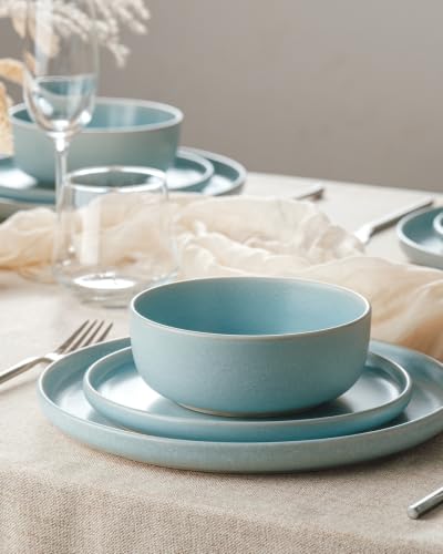 Image of Famiware Milkyway 24-Piece Stoneware Dinnerware Set, Light Blue | Plates and Bowls for 8, Reactive Glaze Dish Set, Microwave & Dishwasher Safe, Chip & Scratch Resistant
