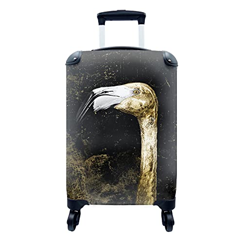 MuchoWow© Koffer Handgepäck Trolley Rollkoffer Kleine Reisekoffer mit 4 Rollen - Flamingo - Gold - Tropisch - Cabin Size  55x40x23 & 55x40x20 cm - Fotokoffer - Kabinenkoffer - Boardgepäck