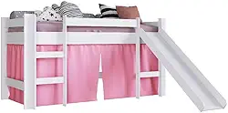 Cama Elevada com Escorregador Branco com Cortina Rosa Lilies Móveis