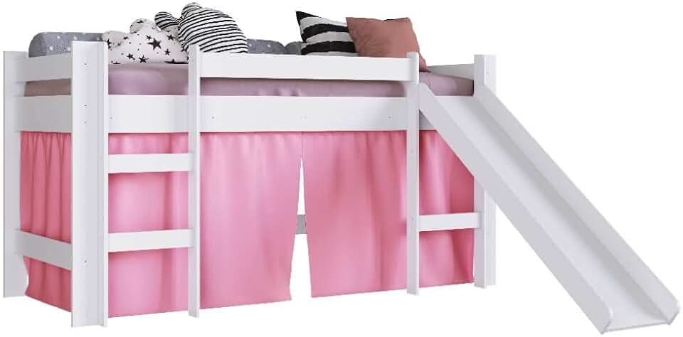 Cama Elevada com Escorregador Branco com Cortina Rosa Lilies Móveis