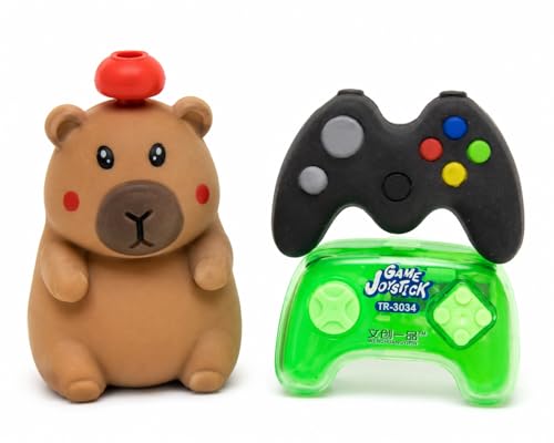 Kit Escolar Capivara e Gamer, 3 Peças, Apontador Capivara, Apontador Controle e Borracha Controle, Material Escolar Infantil