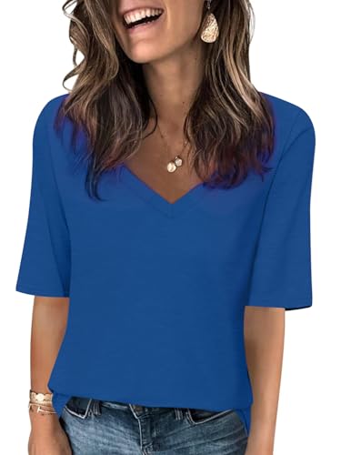 T-shirt d'été coupe ample avec col en V et manches mi-longues fluides confort