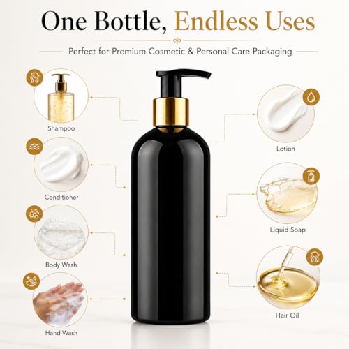 Image of Prakash Empty Plastic Black Golden Pump Bottles Dispenser 500ml Portable Shampoo Lotion Hand Bottle (Black Golden Pump 500ML, Pack of 3)