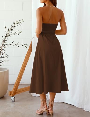 Fiemaoves Sexy Twist Front Strapless Sweetheart Neckline Midi Dresses for Women Smocked Cutout Tube Linen Dress Wedding Guest2