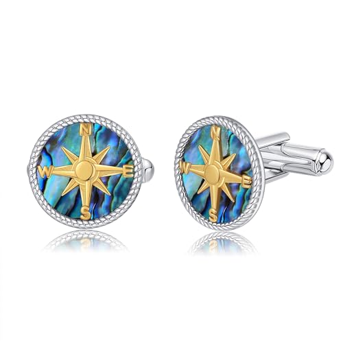 Compass Cufflinks for Men 925 Sterling Silver Abalone Shell Cuff Links Mother's Day Jewelry Graduation for Men Father