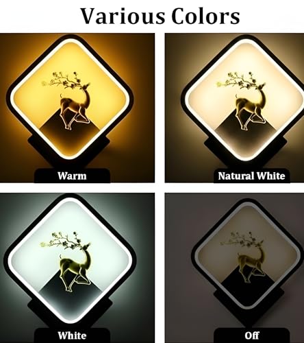 Image of Modern LED Wall Lamps | Pack of 2 Square Deer Design | Artistic Metal Accent Lighting for Bedroom, Living Room & Hallway | 3 Color Modes - Warm White, Natural White & Cool White