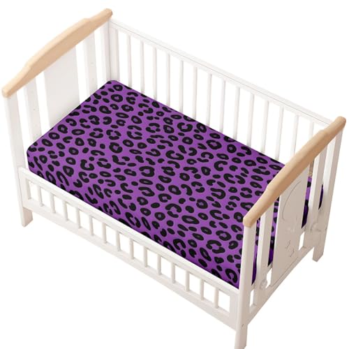 Odot Drap Housse Berceau, Housse de Matelas Berceau Douce Respirant Drap Lit Parapluie Extensible Style Imprimé Léopard Protège Matelas Parc pour Fille Garçon (Violet,70x140cm)