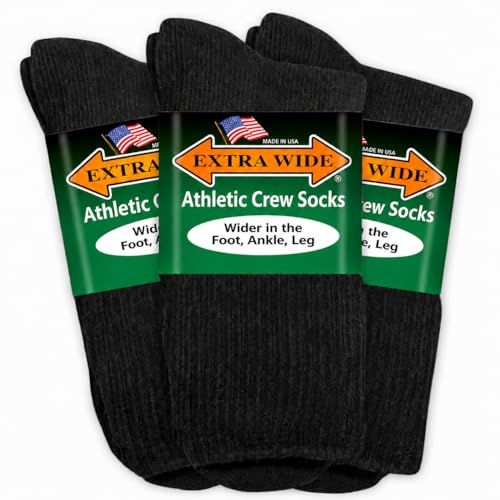 Extra Wide Athletic Crew Socks - Superior Stretch Wide Foot Ankle & Calf - 3 Pack Up to 6E Width Non-binding - USA - Black Large