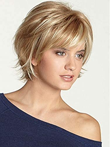 AIYLMZ Charming Brown Short Slight Wavy Real Synthetic Wig with Bangs Stylish Blonde Full Hair Wigs for Women Lady (Blonde) - Image 2