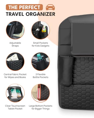 Image of Owleys Set Seat Back Organizer & Car Seat Protector Hexy Waterproof & Non-Slip Protector for Child Car Cushion for Leather and Fabric Seats (Black Set 1)