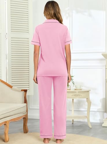 Image of Veseacky 100% Cotton Pajamas for Women Set Short Sleeve Button Down Sleepwear Soft 2 Piece Summer Pjs Lounge Sets S-XXL