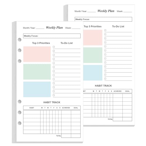 (2-Pack) A6 Weekly Planner Refills for Filofax Personal Binders 106 Sheets/212 Pages Undated Colorful Weekly Planner 6-Hole Punched 100 gsm White Paper Last 2 Year 3.75 x 6.75