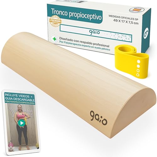GAIO® Tronco Propioceptivo 5p - Madera Natural - Medidas Oficiales (49 x 17 x 7.5 cm) - Ejercicios de Suelo Pelvico con Banda Elástica - Pilates, Wood roller, Tronco propiocepción, Tronco 5p
