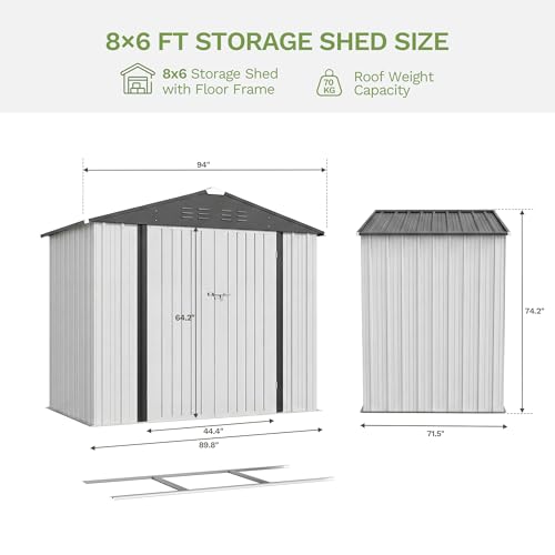Image of Devoko 8 x 6 FT Storage Sheds with Floor Frame, Waterproof Garden Tool Shed with Lockable Door, Outdoor Metal Utility Shed for Backyard Patio Lawn, White